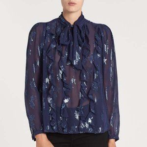 Rebecca Taylor Silk Metallic Star Clip Tie Neck Gemini Blue Top Blouse Christmas
